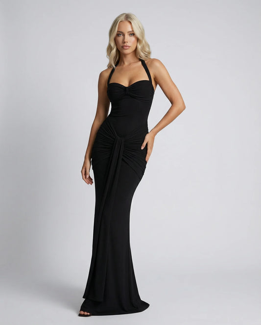 Black halter neck maxi dress by Ilynora, front view with ruched bodice and sleek evening silhouette