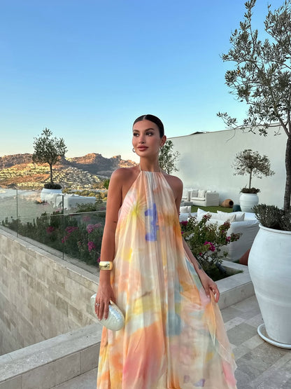 Women's Halter Open Back Watercolour Maxi Dress