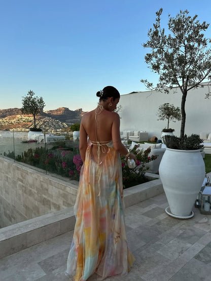 Women's Halter Open Back Watercolour Maxi Dress