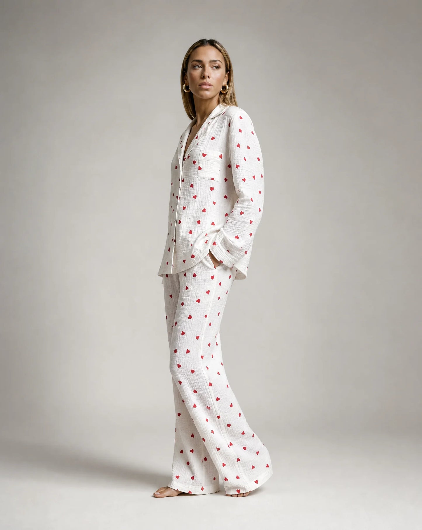 Heart print pyjama set side view with relaxed fit and matching lounge trousers by ILYNORA