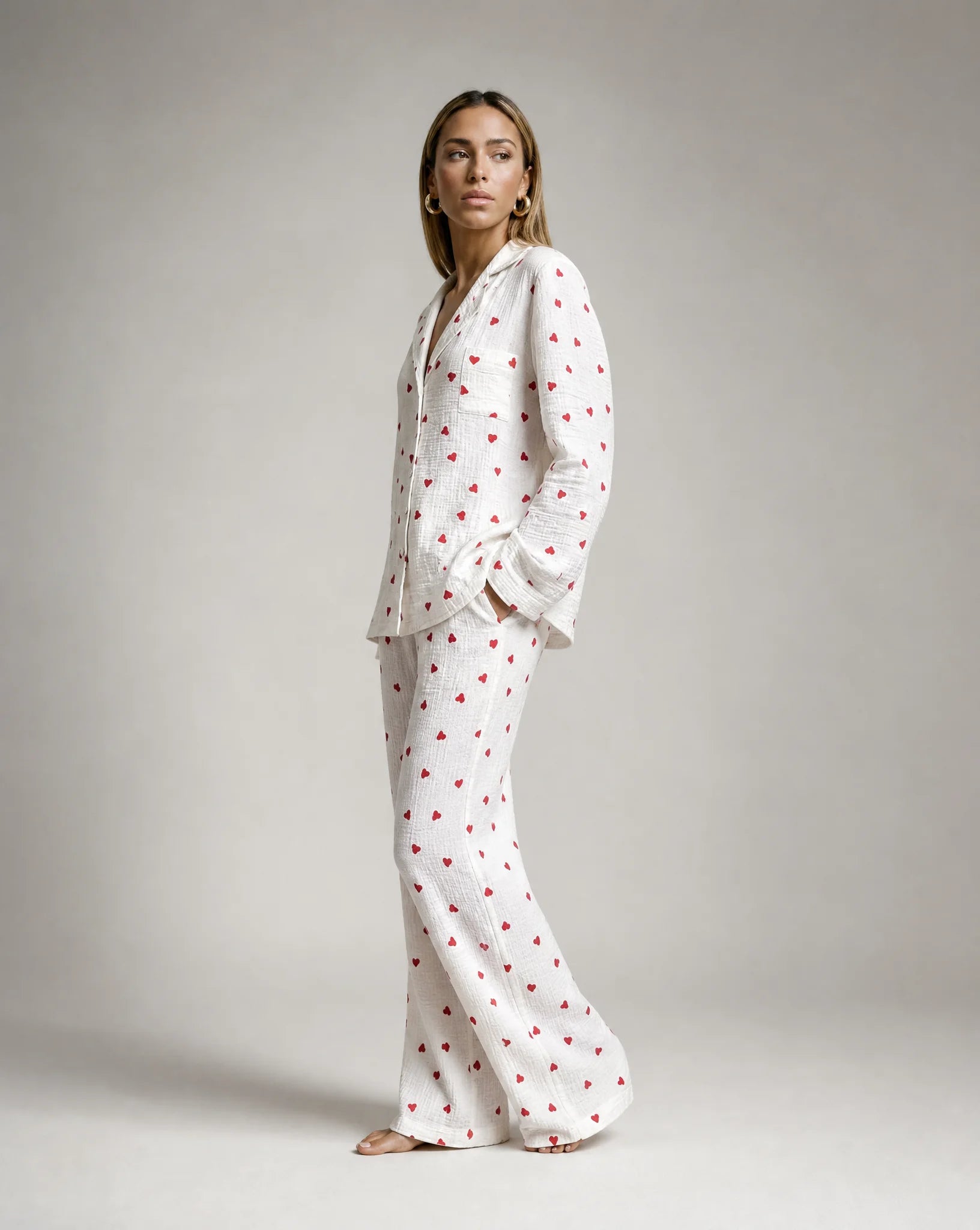 Heart print pyjama set side view with relaxed fit and matching lounge trousers by ILYNORA