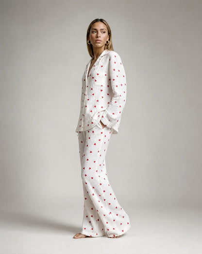Heart print pyjama set side view with relaxed fit and matching lounge trousers by ILYNORA