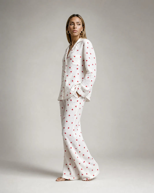 Heart print pyjama set side view with relaxed fit and matching lounge trousers by ILYNORA