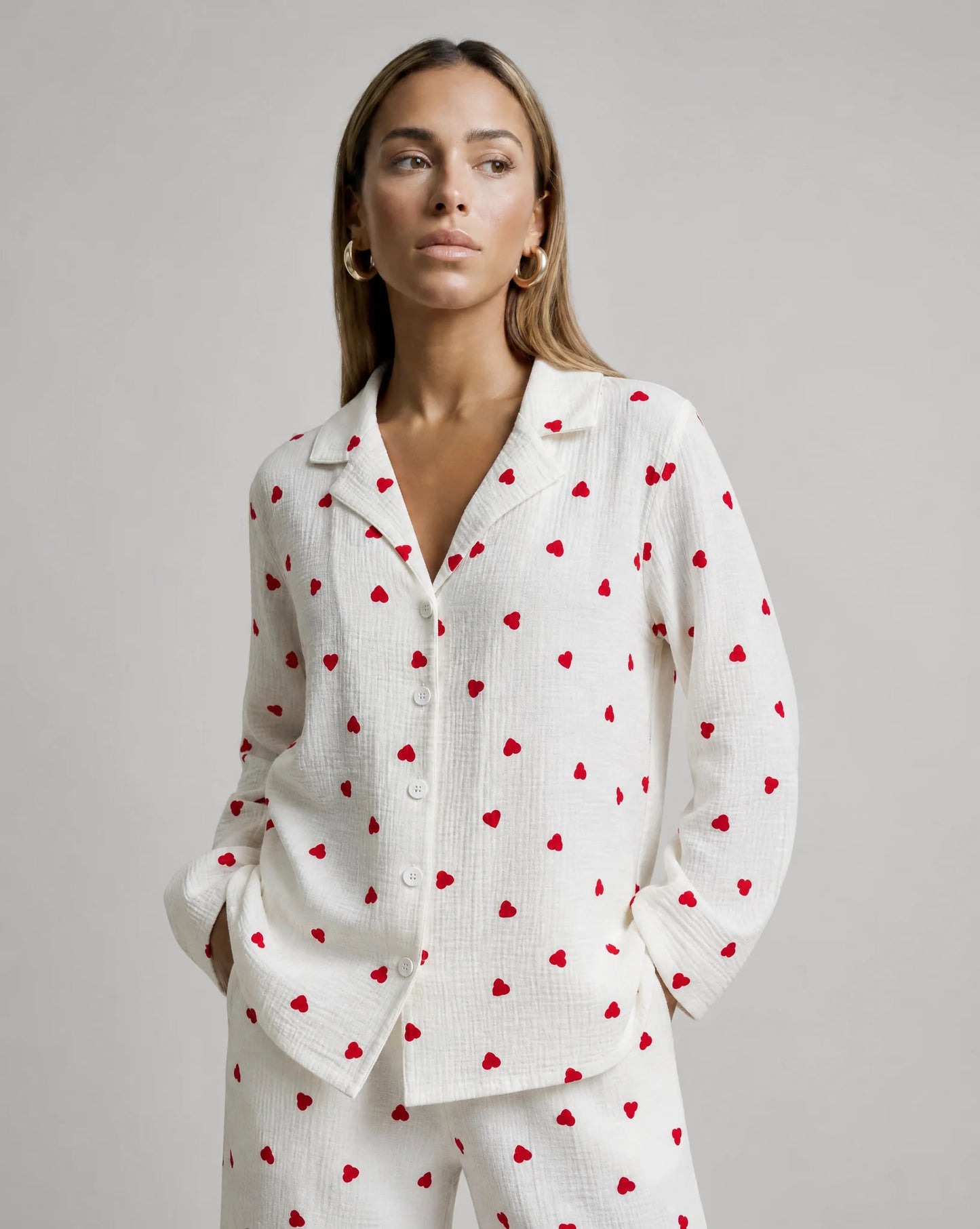 Heart print pyjama set close up with button front shirt and soft sleepwear styling by ILYNORA