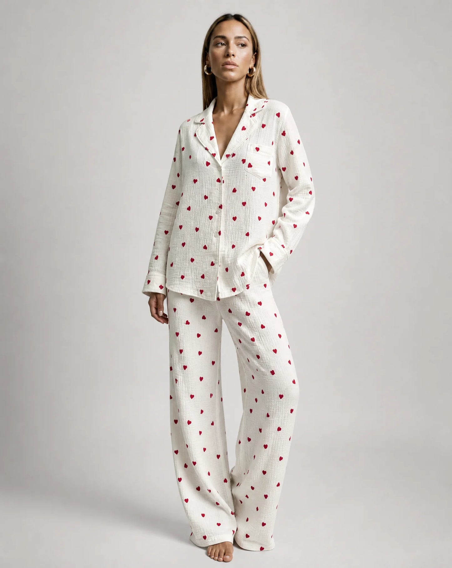 Heart print pyjama set with button up shirt and wide leg trousers for cosy nights by ILYNORA