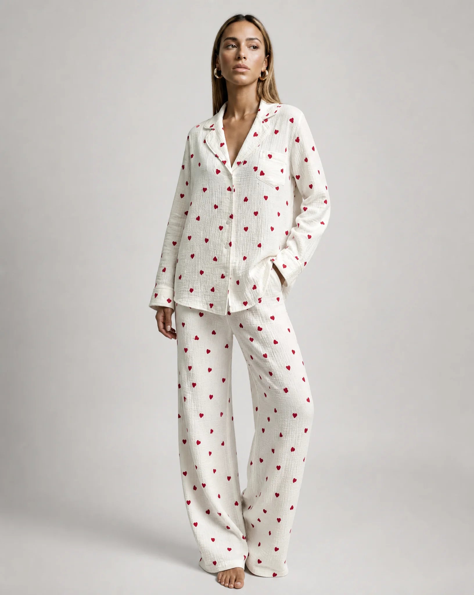 Heart print pyjama set with button up shirt and wide leg trousers for cosy nights by ILYNORA