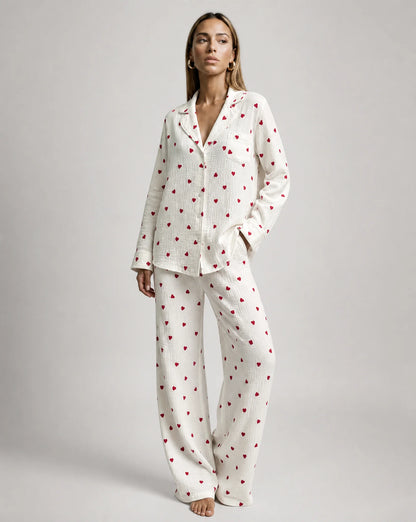 Heart print pyjama set with button up shirt and wide leg trousers for cosy nights by ILYNORA