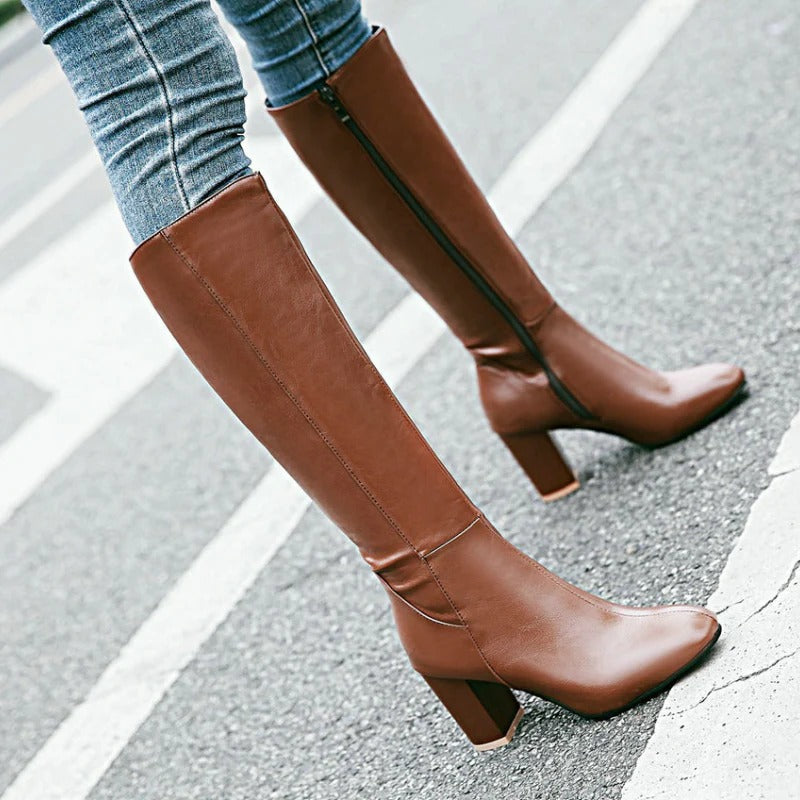Women's Heeled Knee High Leather Boots with Side Zip