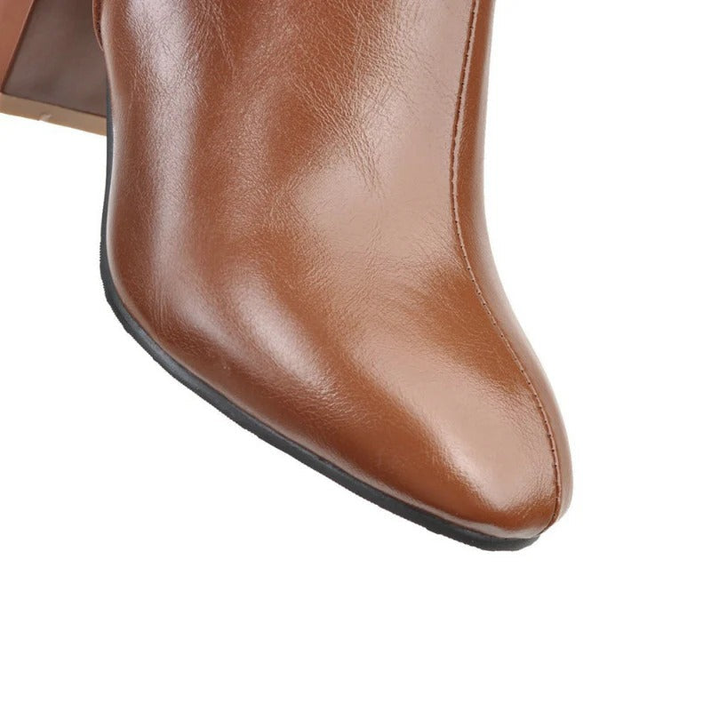 Women's Heeled Knee High Leather Boots with Side Zip