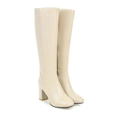 Women's Heeled Knee High Leather Boots with Side Zip