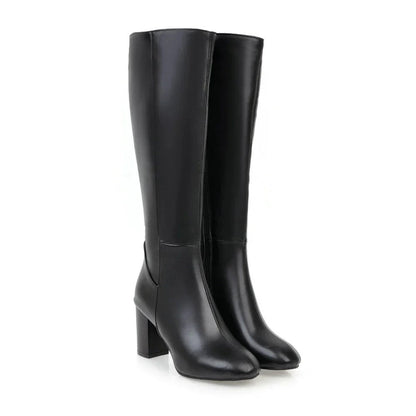 Women's Heeled Knee High Leather Boots with Side Zip