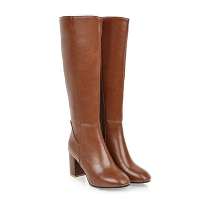 Women's Heeled Knee High Leather Boots with Side Zip