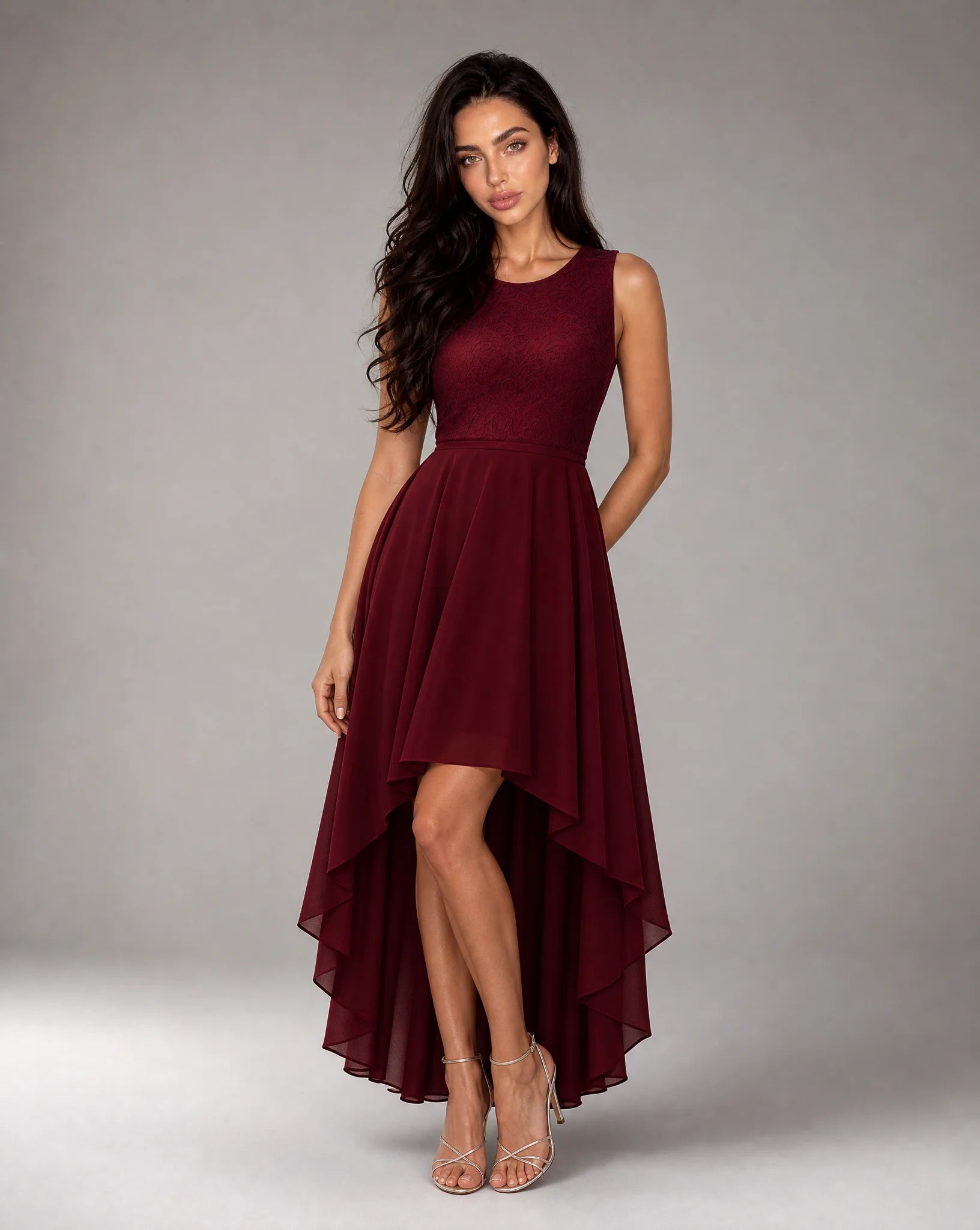 Women's wine red high low evening dress front view by ILYNORA