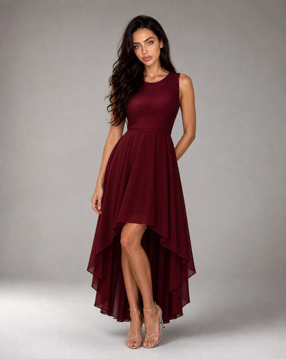 Women's wine red high low evening dress front view by ILYNORA