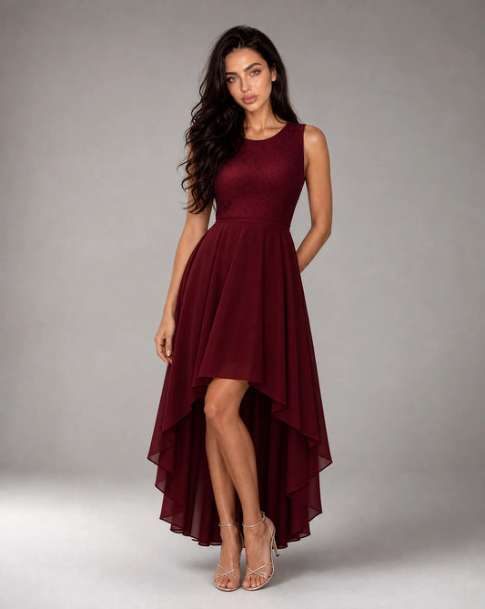 Women's wine red high low evening dress front view by ILYNORA