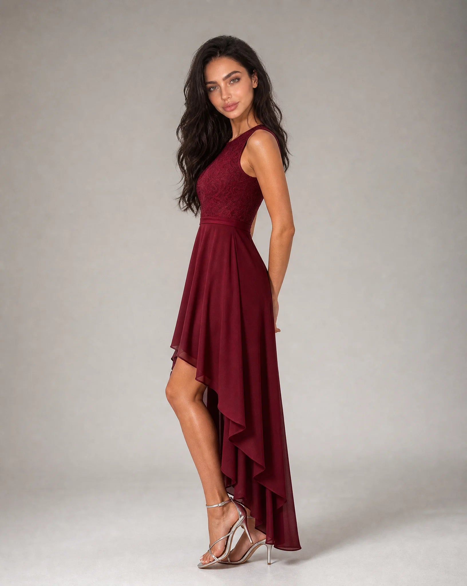 Women's wine red high low evening dress side view by ILYNORA