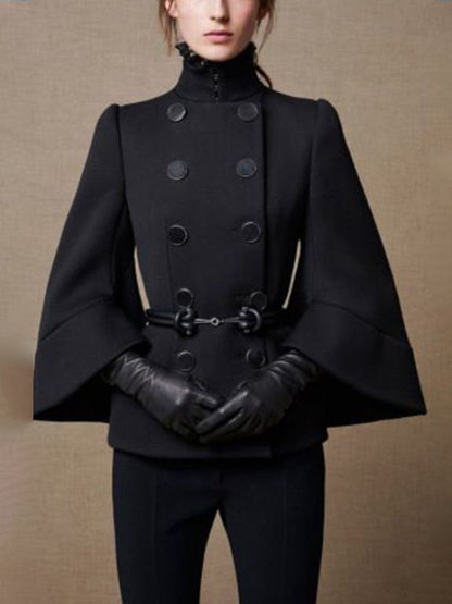 Women's High Neck Cape Coat in Black with Flared Sleeves