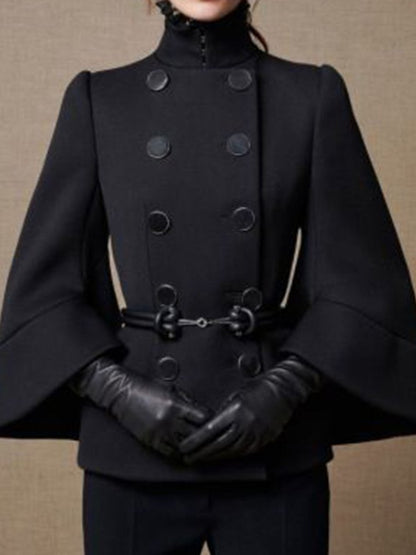 Women's High Neck Cape Coat in Black with Flared Sleeves