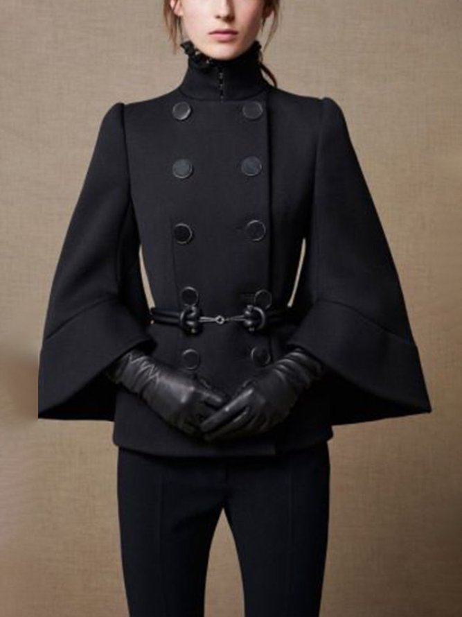 Women's High Neck Cape Coat in Black with Flared Sleeves