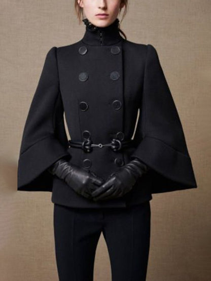Women's High Neck Cape Coat in Black with Flared Sleeves