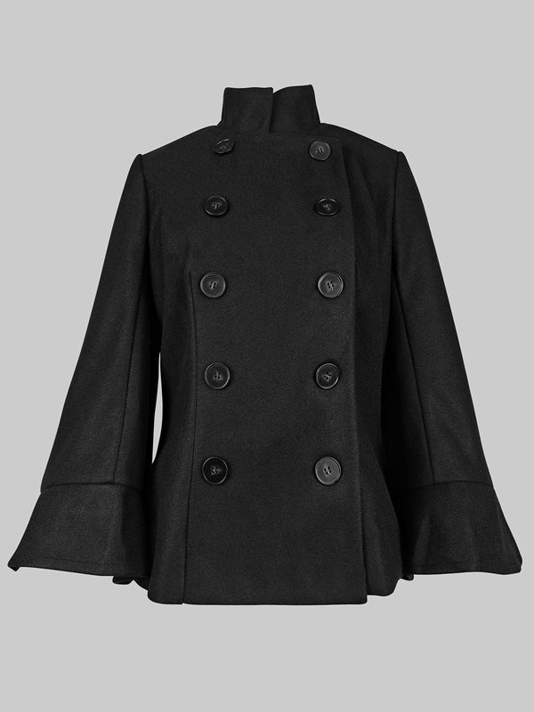 Women's High Neck Cape Coat in Black with Flared Sleeves