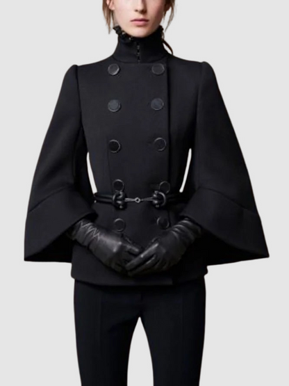 Women's High Neck Cape Coat in Black with Flared Sleeves