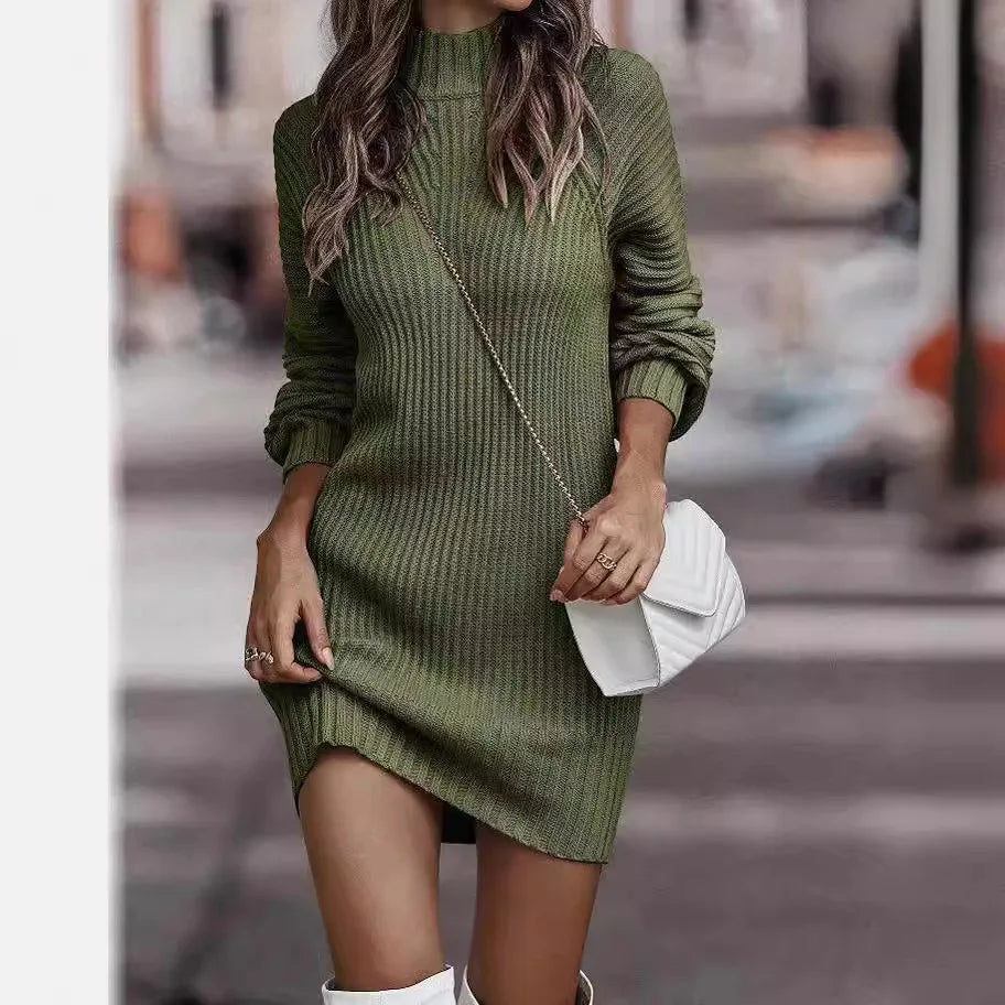 Women's High Neck Knitted Jumper Dress with Long Sleeves