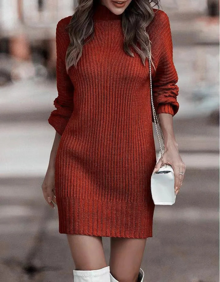 Women's High Neck Knitted Jumper Dress with Long Sleeves