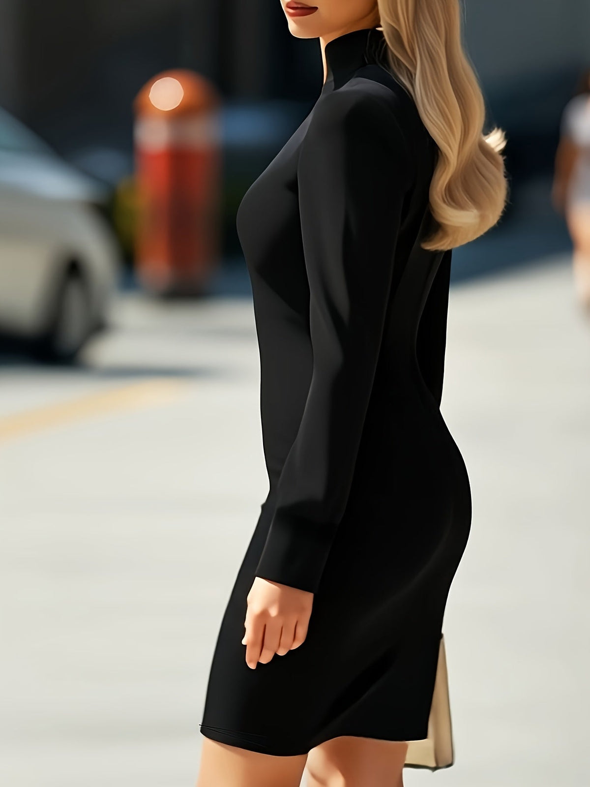 Women's High Neck Long Sleeve Bodycon Mini Dress