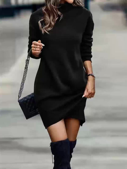 Women's High Neck Long Sleeve Knit Mini Dress