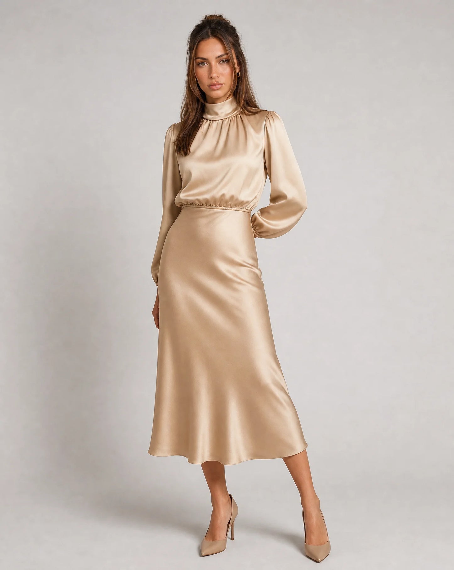Beige high neck long sleeve midi dress with satin finish and elegant formal occasion styling by ILYNORA