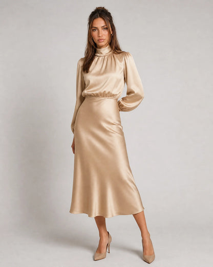 Beige high neck long sleeve midi dress with satin finish and elegant formal occasion styling by ILYNORA