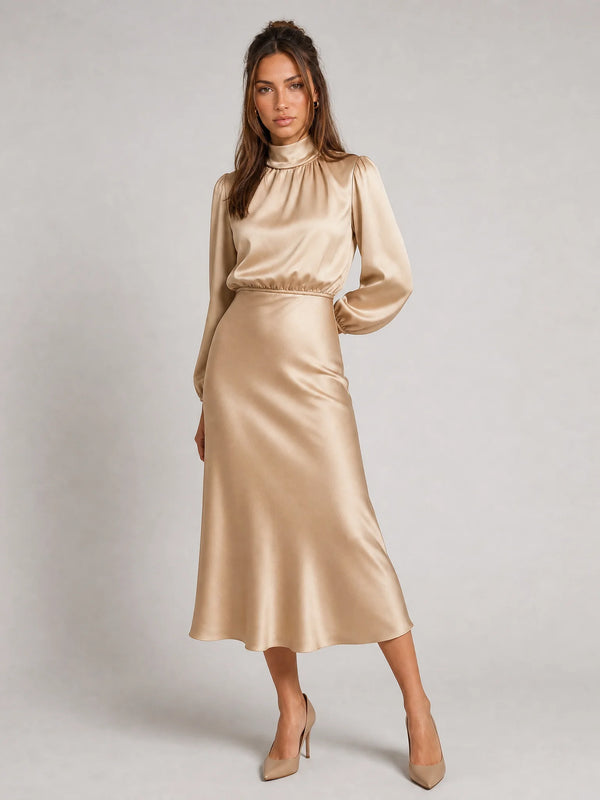 Beige high neck long sleeve midi dress with satin finish and elegant formal occasion styling by ILYNORA