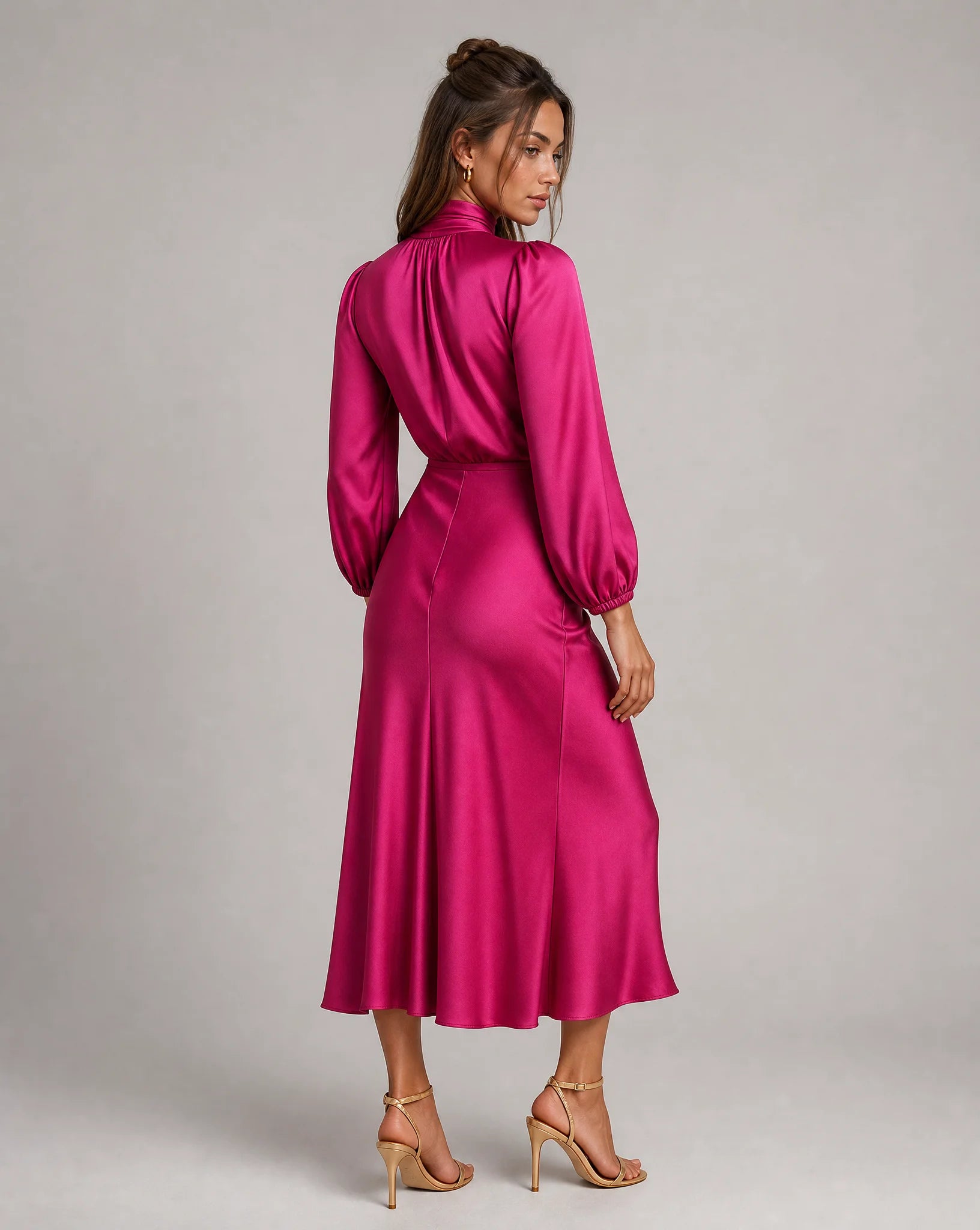 Hot pink high neck long sleeve midi dress back view with elegant drape and feminine silhouette by ILYNORA
