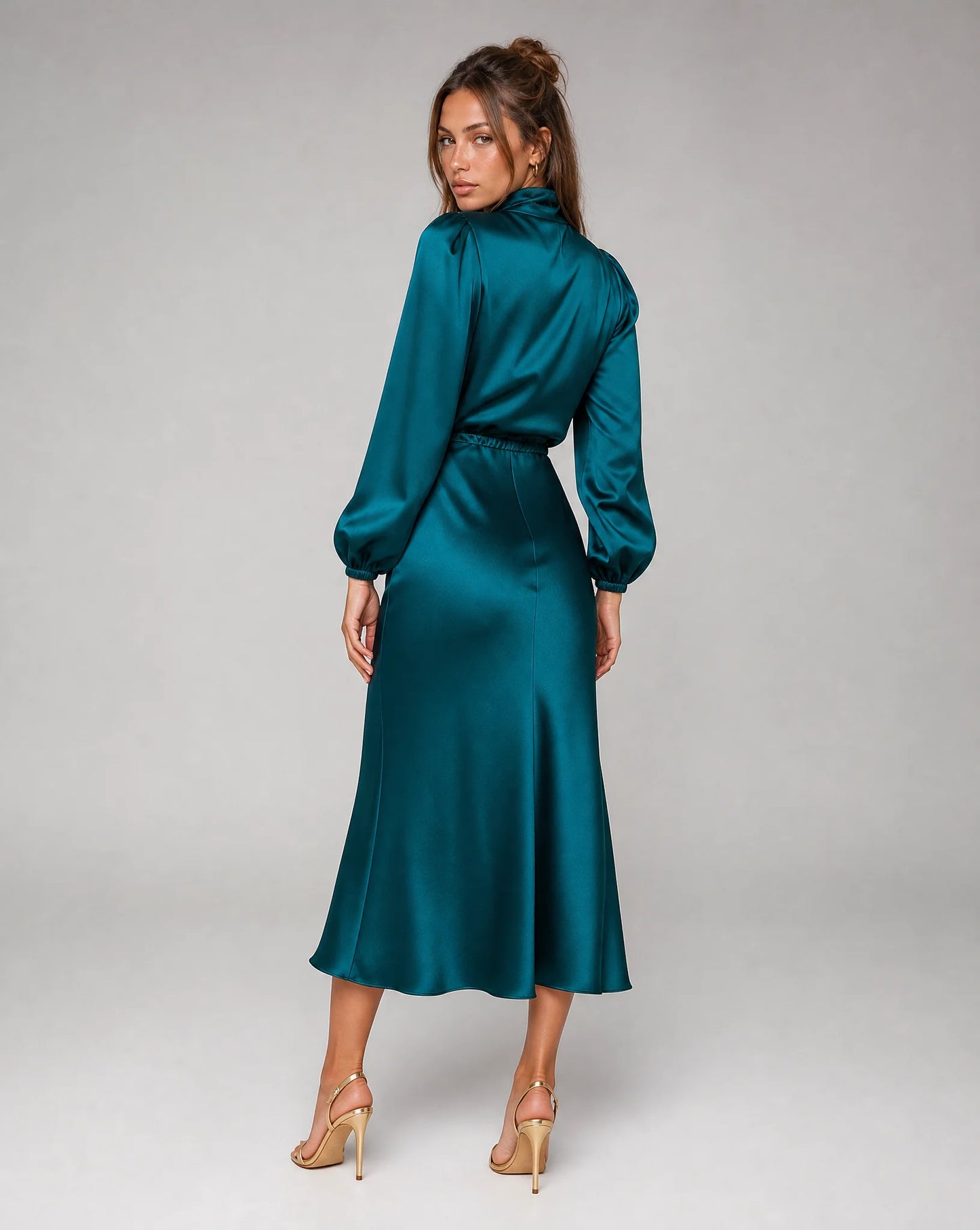 Teal blue high neck long sleeve midi dress back view with flowing silhouette and elegant styling by ILYNORA