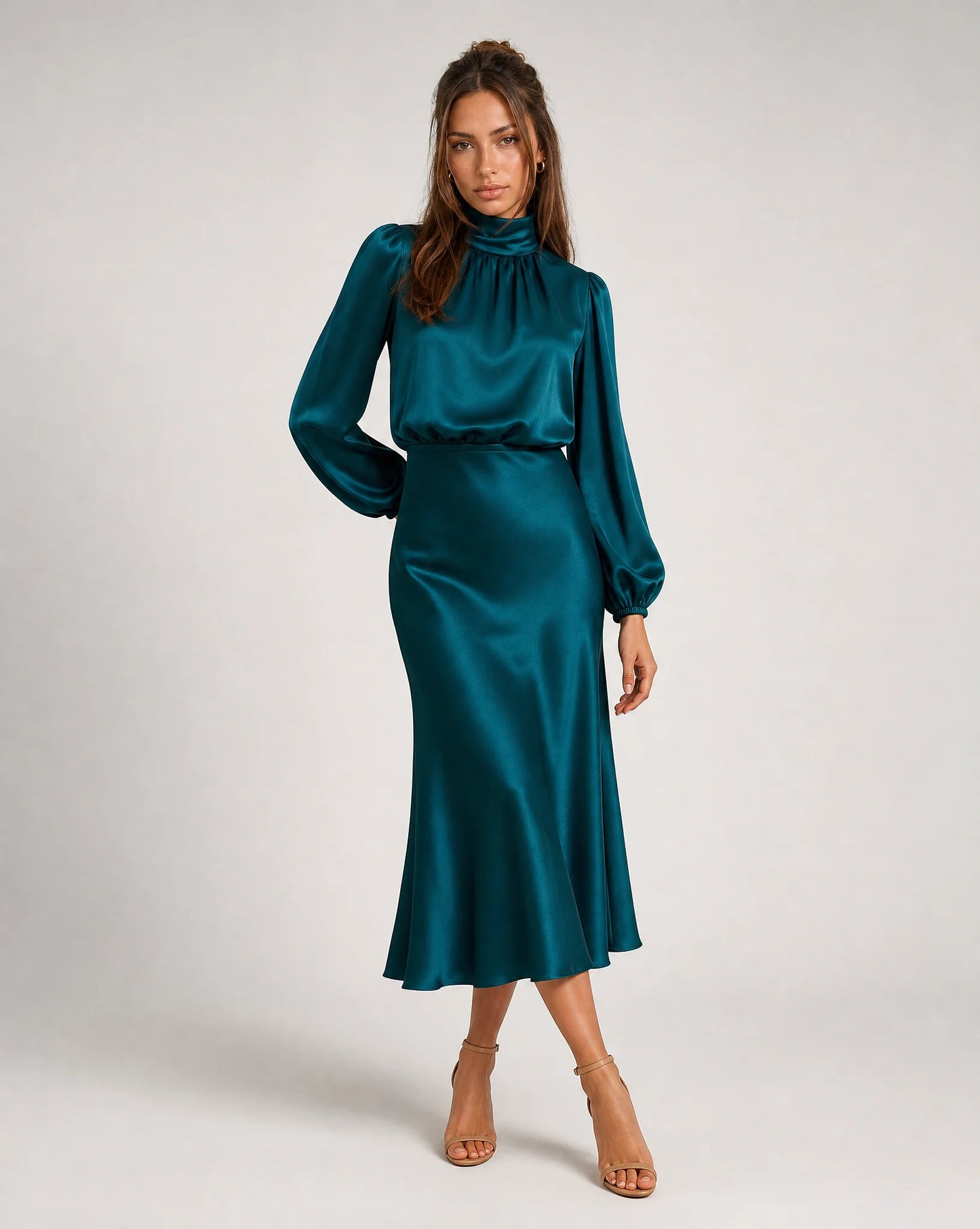 Teal blue high neck long sleeve midi dress with satin finish and sophisticated occasion wear by ILYNORA