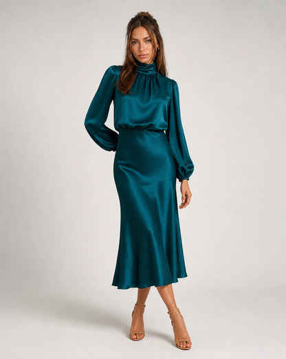 Teal blue high neck long sleeve midi dress with satin finish and sophisticated occasion wear by ILYNORA