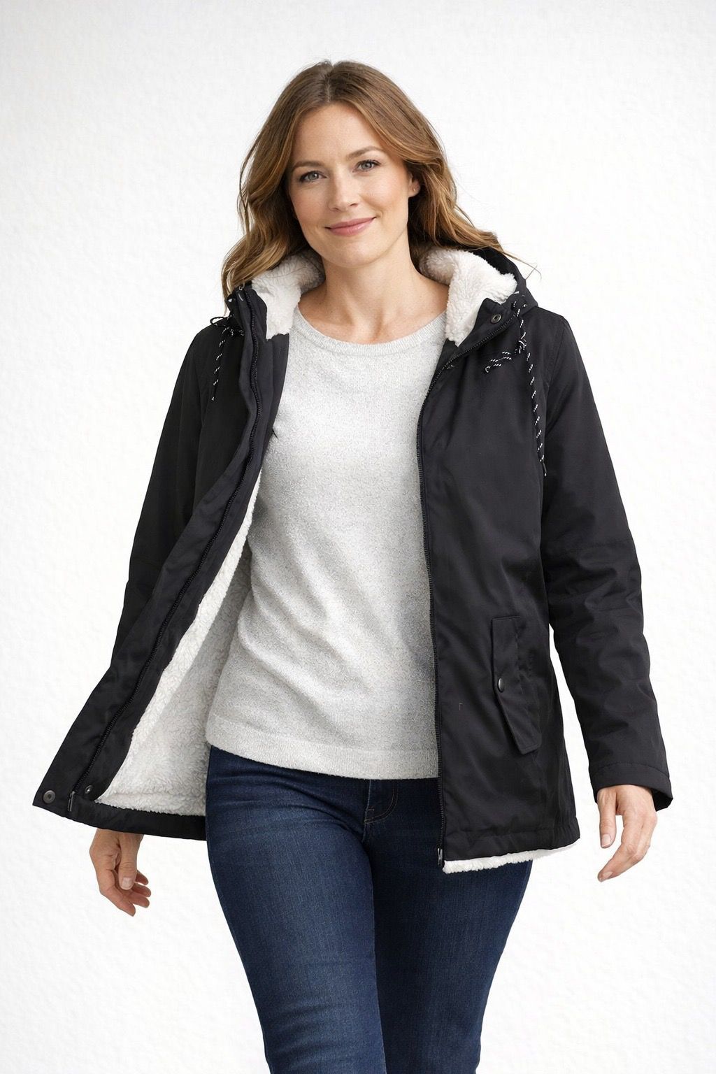 Women's Hooded Fleece Jacket with Sherpa Lining and Zip Front