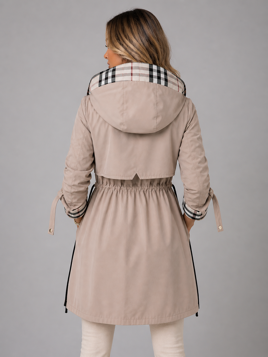 Women's Hooded Longline Raincoat with Adjustable Waist