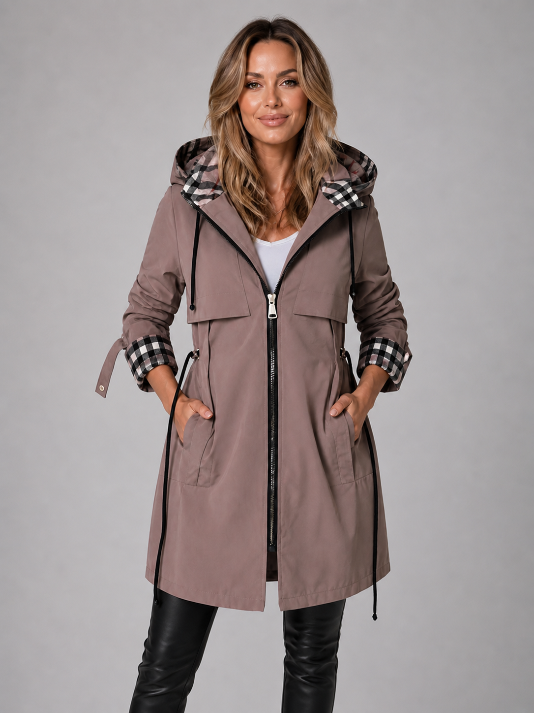 Women's Hooded Longline Raincoat with Adjustable Waist