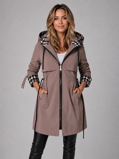 Women's Hooded Longline Raincoat with Adjustable Waist
