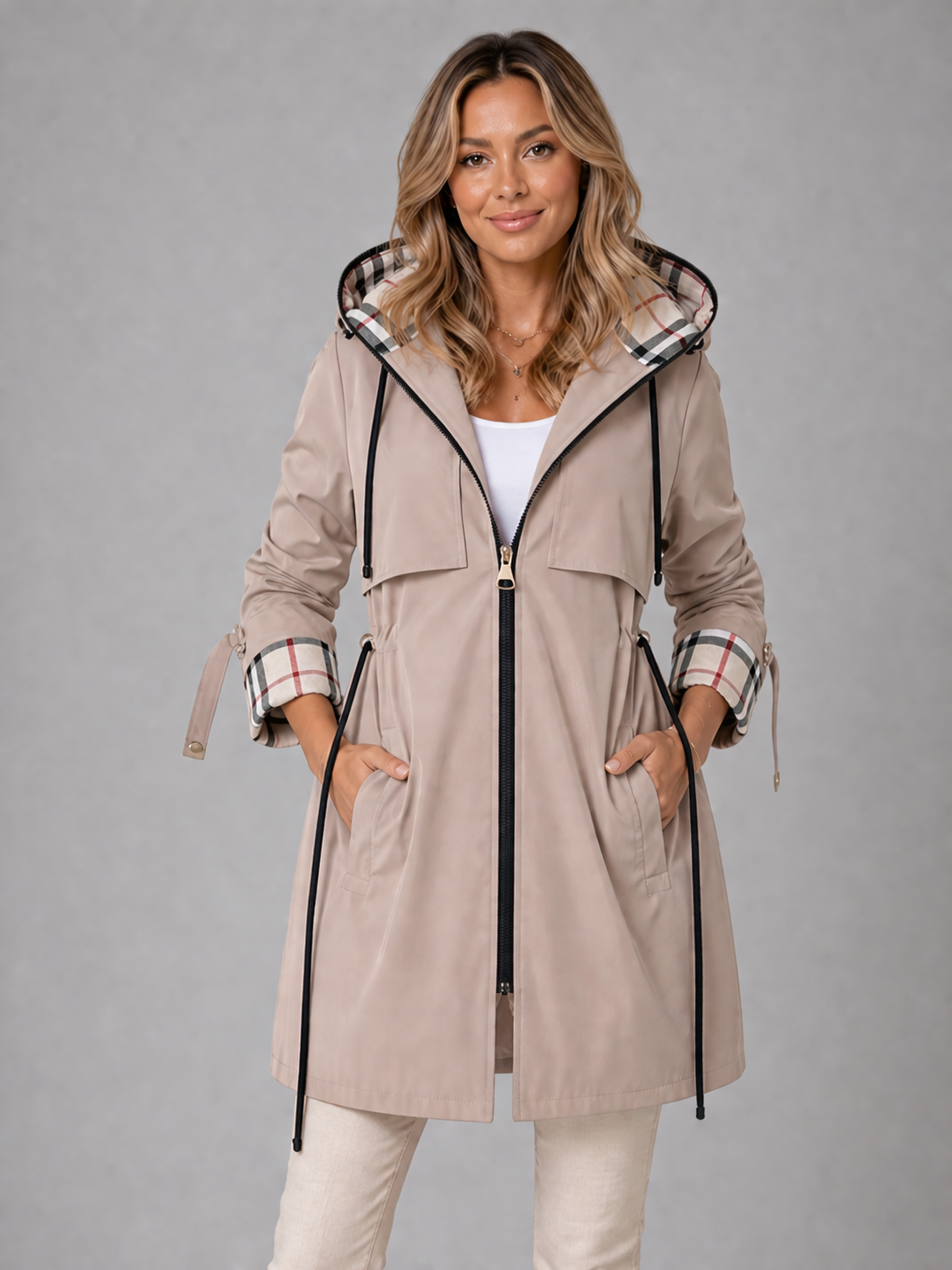 Women's Hooded Longline Raincoat with Adjustable Waist