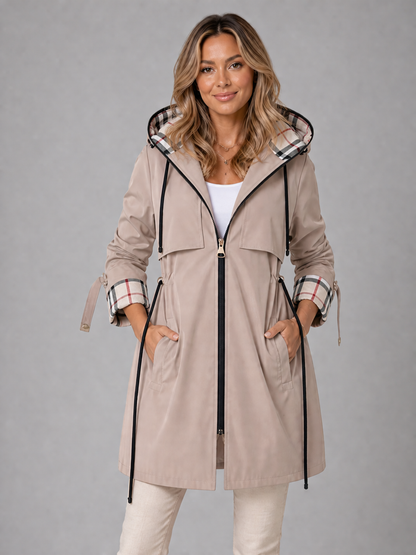 Women's Hooded Longline Raincoat with Adjustable Waist