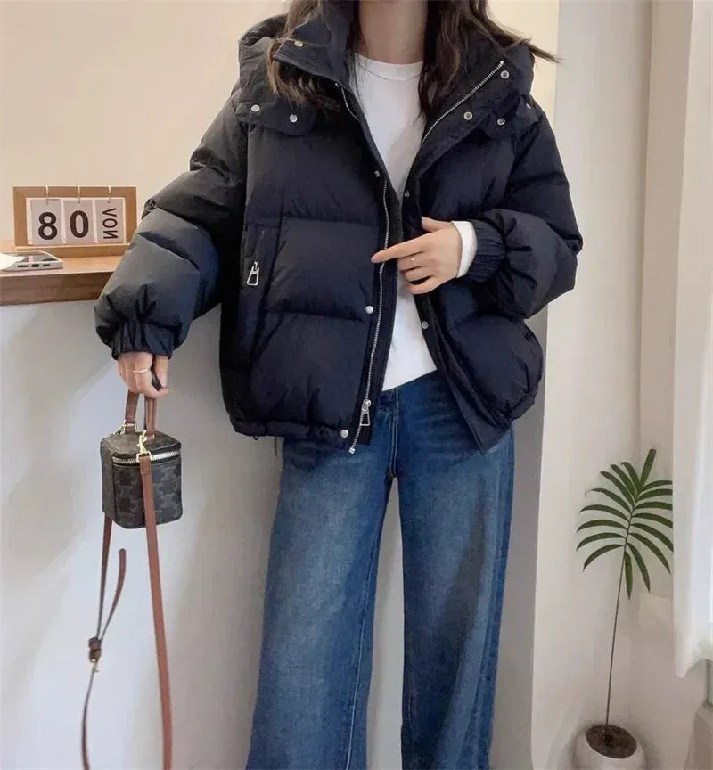 Women's Hooded Puffer Jacket With High Neck Collar