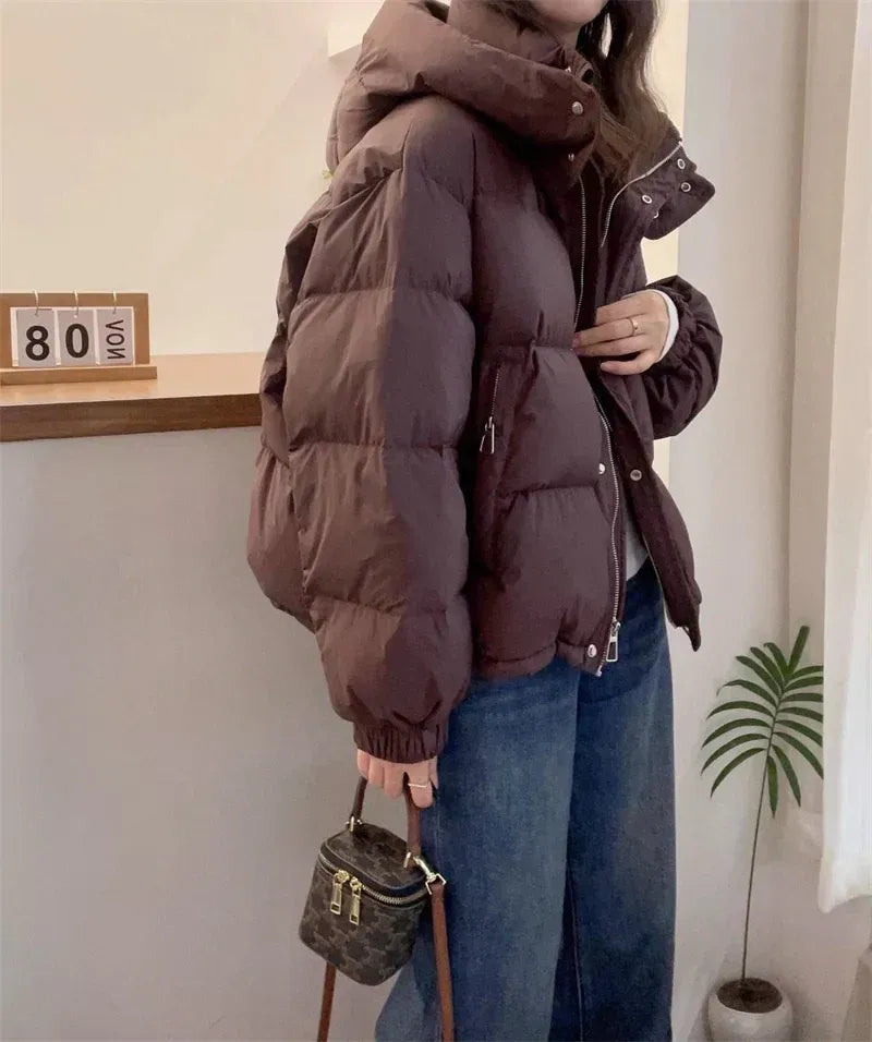 Women's Hooded Puffer Jacket With High Neck Collar