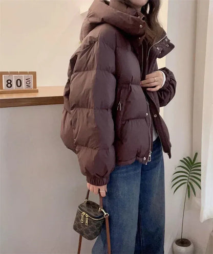 Women's Hooded Puffer Jacket With High Neck Collar