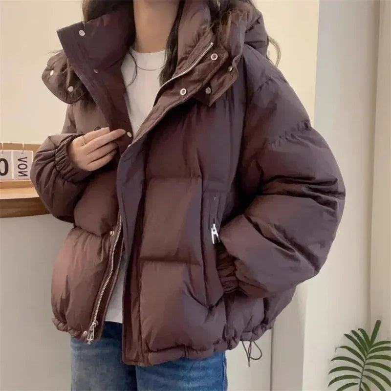 Women's Hooded Puffer Jacket With High Neck Collar