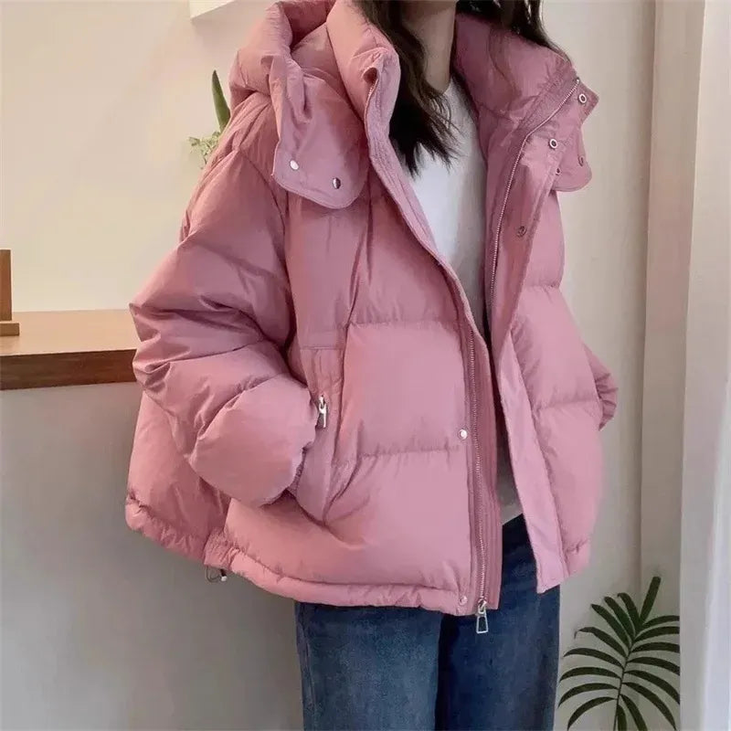 Women's Hooded Puffer Jacket With High Neck Collar