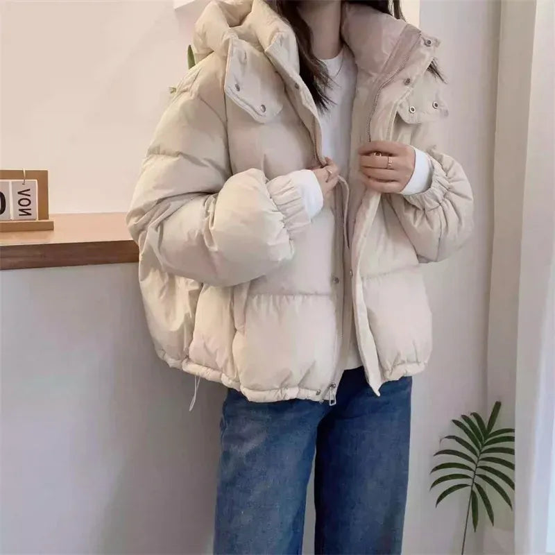 Women's Hooded Puffer Jacket With High Neck Collar