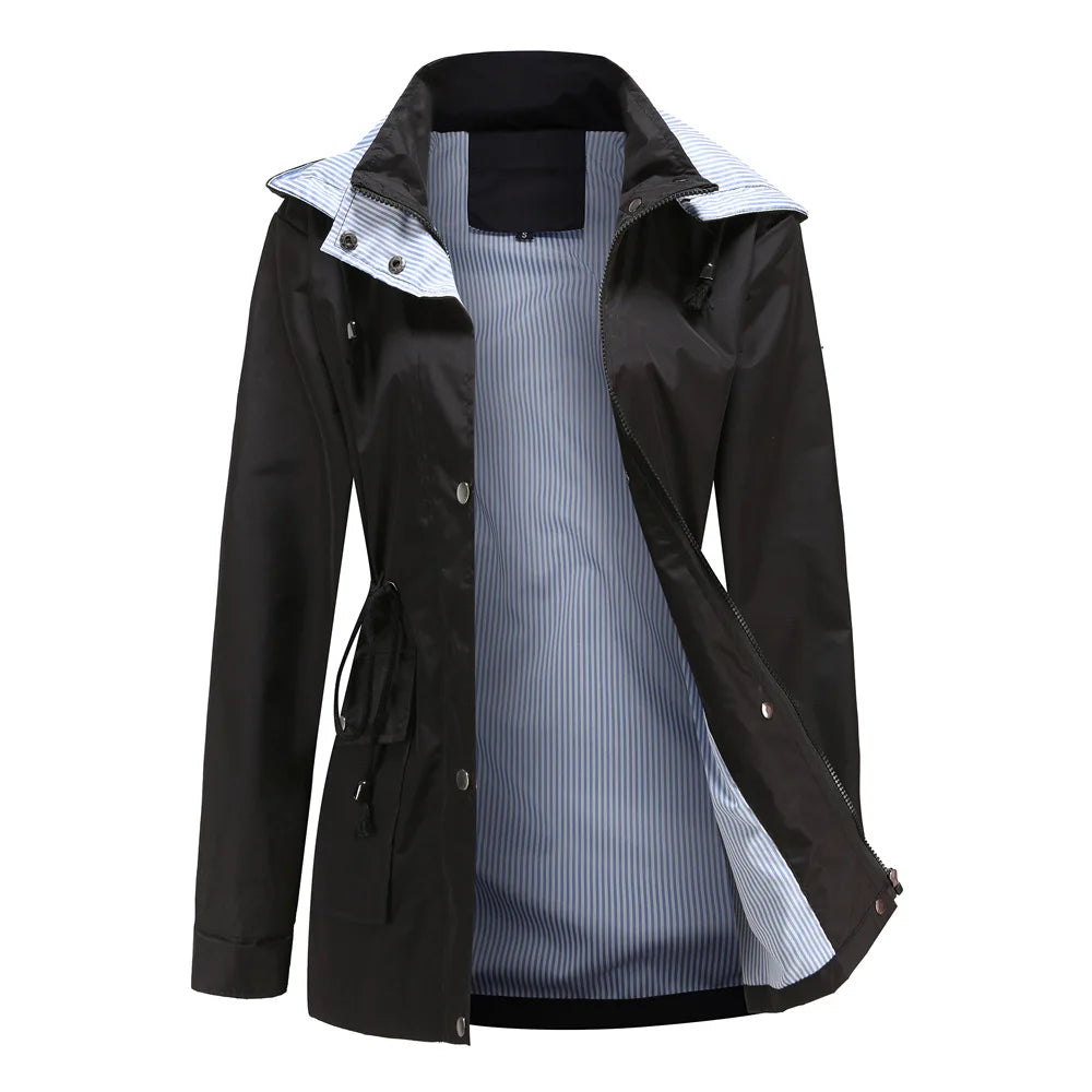 Women's Hooded Waterproof Rain Jacket with Drawstring Waist